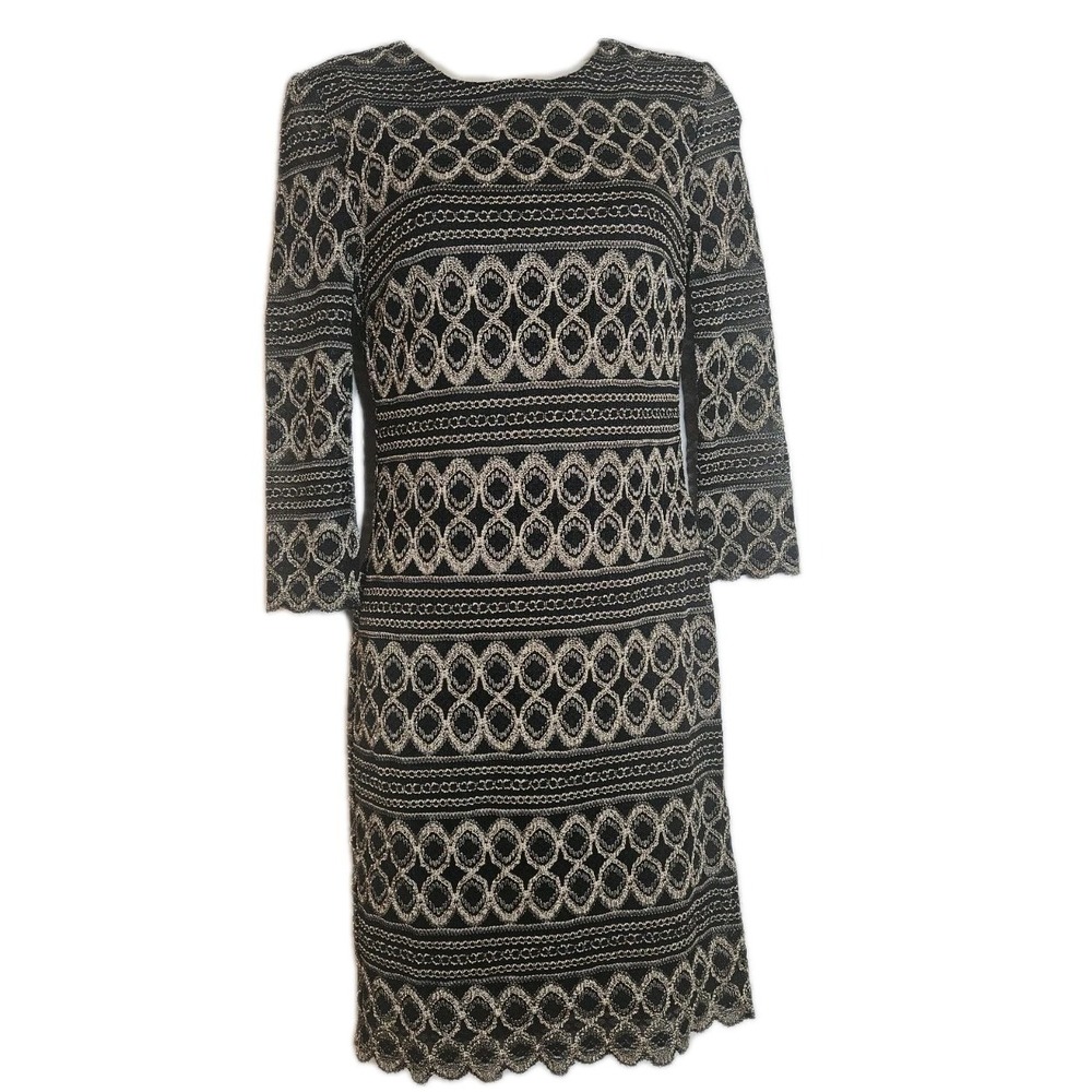 NWOT Cache Shift Dress Black‎ Gold Metallic Embroided 3/4 Sleeve Size S Stretchy